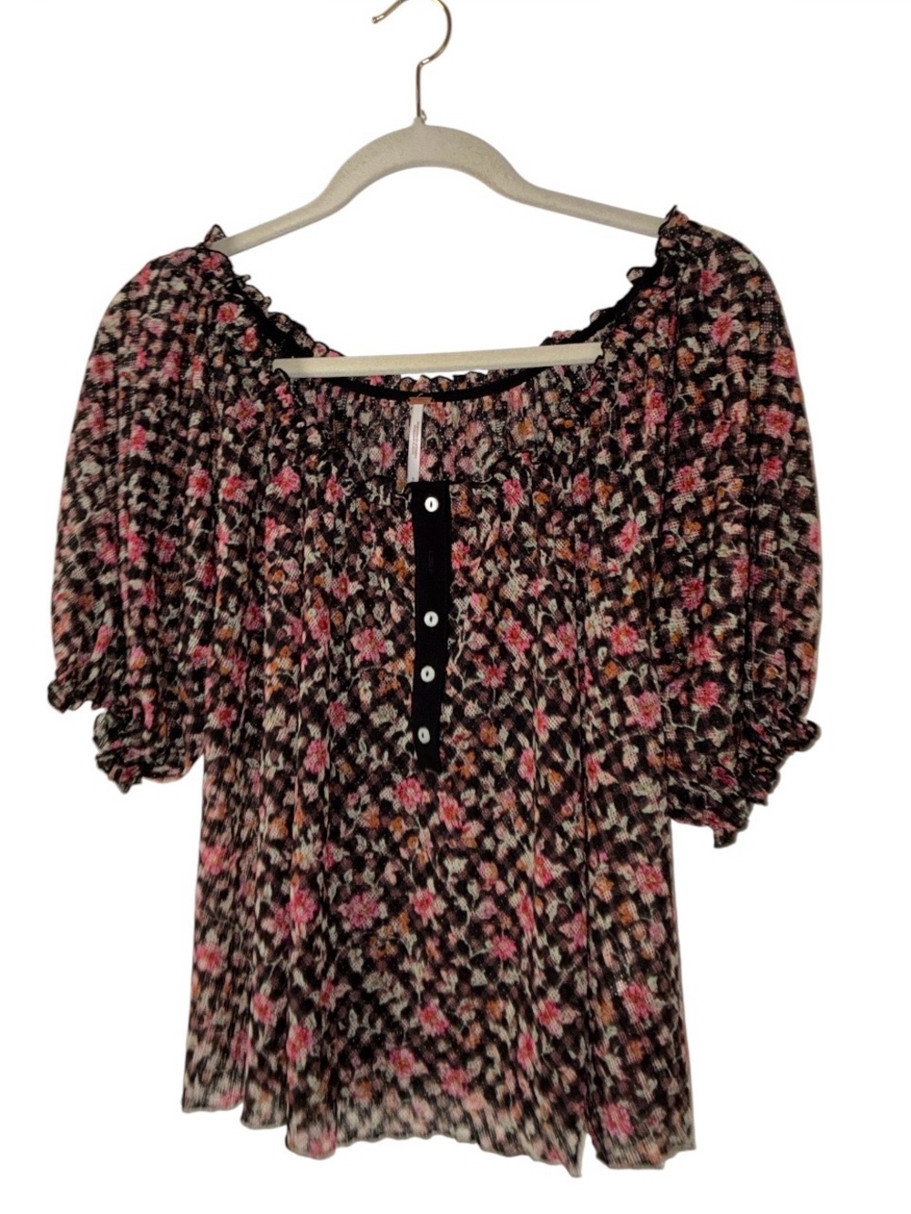Free People Astra Peasant Top Black Pink Floral Puff Sleeve Sz S